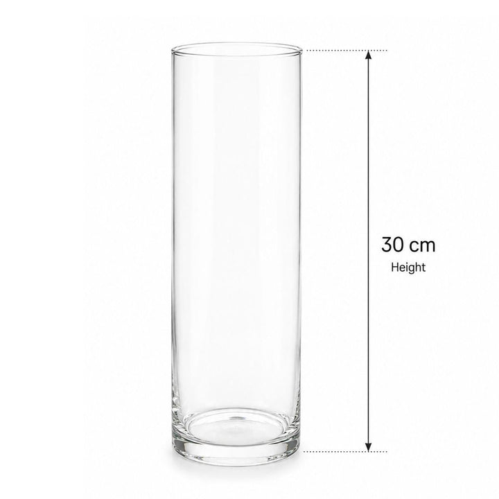 Empty 30 cm cylindrical clear glass vase with height guide, from Sharbatly.