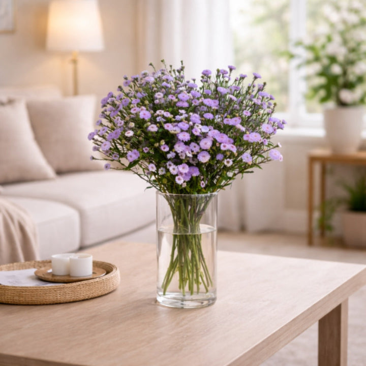 Light purple Aster flower stems from SQ Flora Kenya, showcasing 10 vibrant blooms arranged in a natural bouquet.