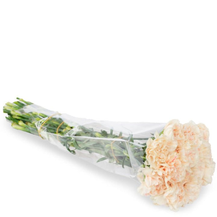Bouquet of 19 peach-colored carnations with apple tea scent from SQ Flora Kenya, arranged in a natural flower display.