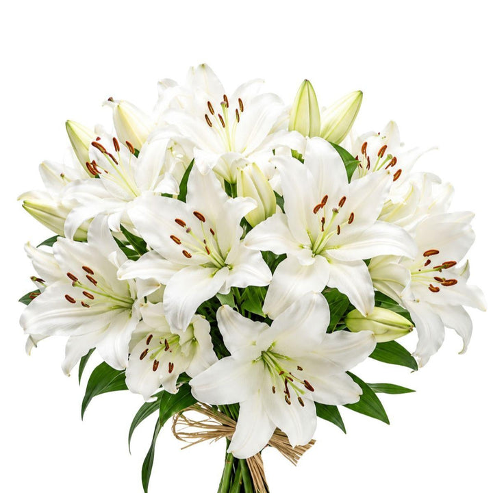 White Oriental lilies in a bouquet with five stems, scented and fresh, arranged by Dutch floral experts.