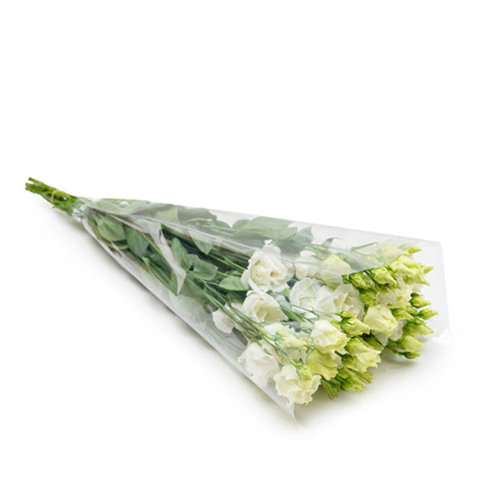 Five stems of white Lisianthus (Eustoma) flowers from Fresh Flower Holland, showcasing delicate petals and lush foliage.