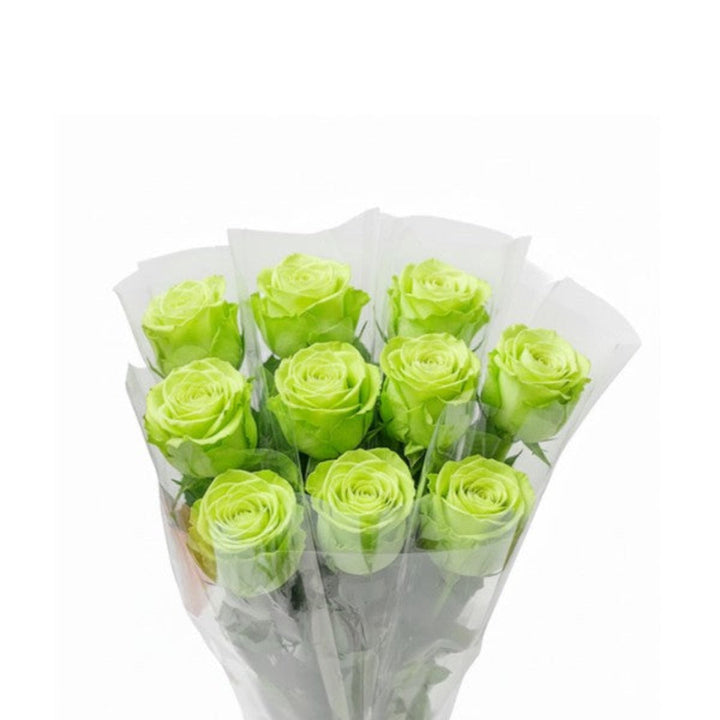 Green-tinted roses from SQ Flora Kenya, 10 individually wrapped single flower stems for National Day celebration.